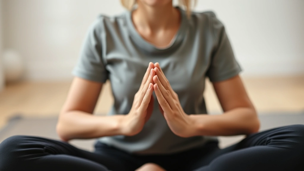 Close-up of person's hands during mindful breathing exercise, sitting in relaxed position on therapy mat, soft diffused light, peaceful facial expression, embodying present-moment awareness and calm concentration