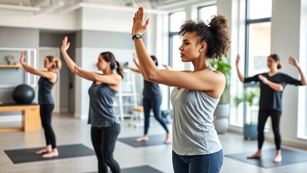 Modern rehabilitation clinic showing diverse patient performing therapeutic movement with excellent posture and alignment, mindful expression, therapist providing gentle guidance nearby, bright welcoming space with contemporary design elements