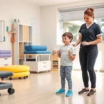 Physical therapist working with young child with Down syndrome during standing balance exercise in bright clinical setting with colorful therapy equipment and supportive environment