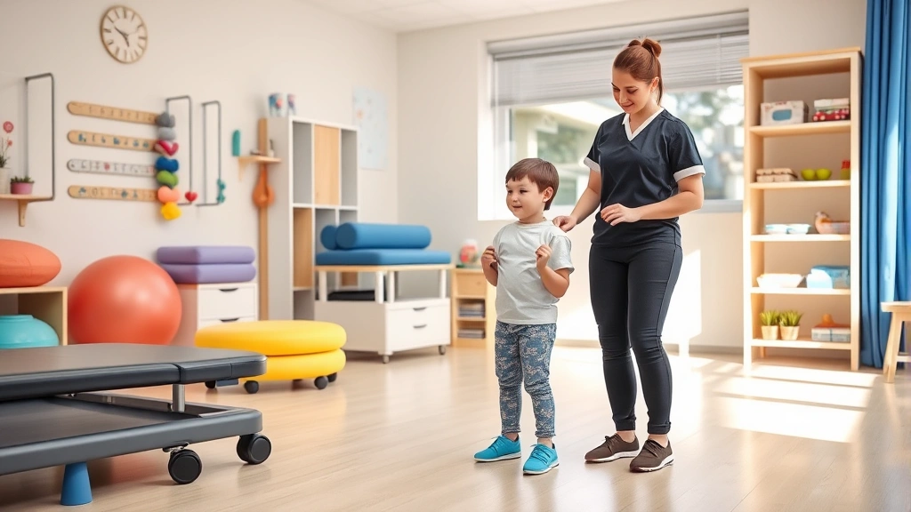 Physical therapist working with young child with Down syndrome during standing balance exercise in bright clinical setting with colorful therapy equipment and supportive environment