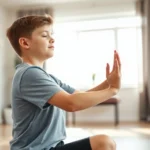 Young adult with Down syndrome performing mindful yoga pose in bright physical therapy clinic with soft natural lighting, focused expression, gentle movement, peaceful environment