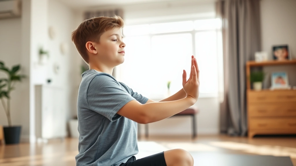 Young adult with Down syndrome performing mindful yoga pose in bright physical therapy clinic with soft natural lighting, focused expression, gentle movement, peaceful environment