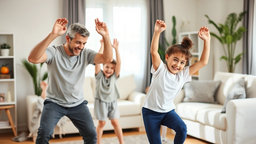 Multi-generational family practicing home exercises together in living room, parent and child performing movement activity with enthusiasm and engagement