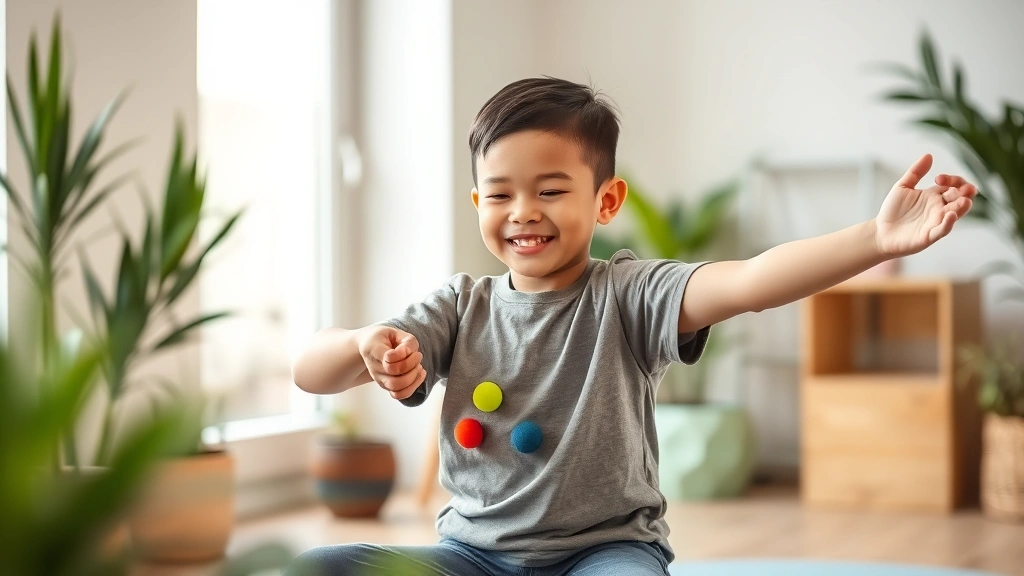 Diverse physical therapist guiding child with Down syndrome through body awareness exercise using colorful sensory props, both smiling, calm therapeutic setting with plants and natural light