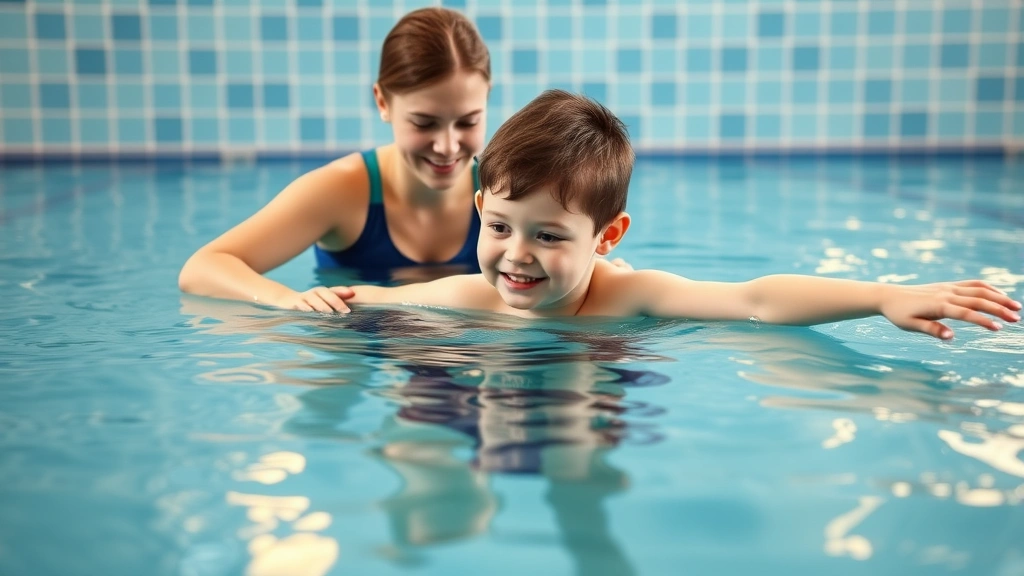 Adolescent with Down syndrome participating in aquatic therapy in indoor pool with professional therapist providing guidance and support during water-based movement activity