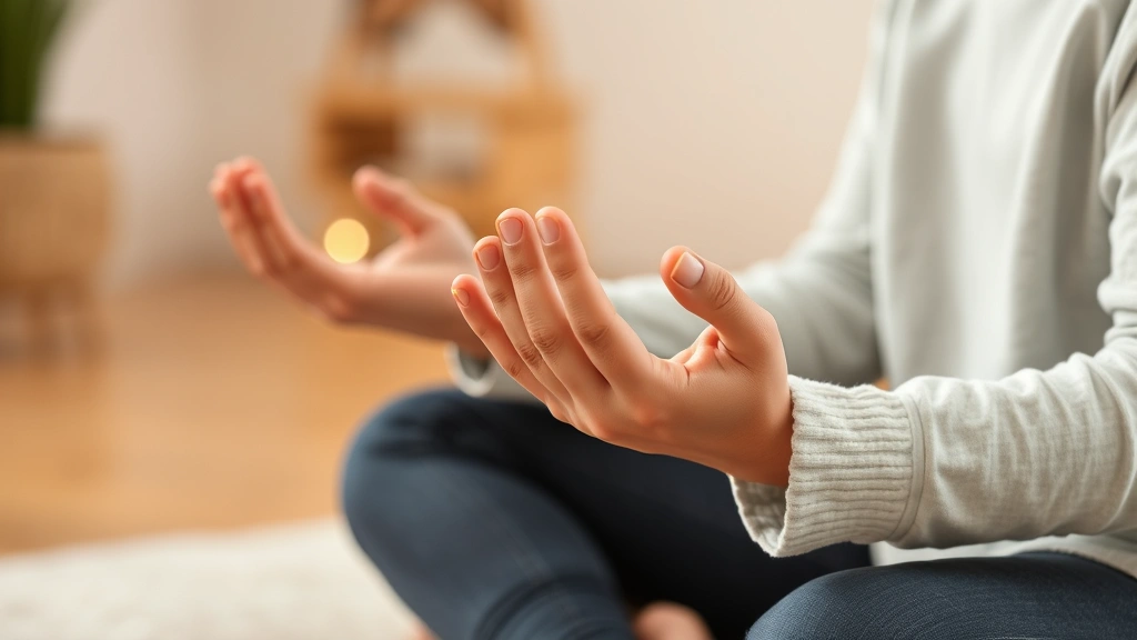 Close-up of hands during mindful breathing practice, individual with Down syndrome seated comfortably with therapist nearby providing gentle support, serene atmosphere with soft warm tones