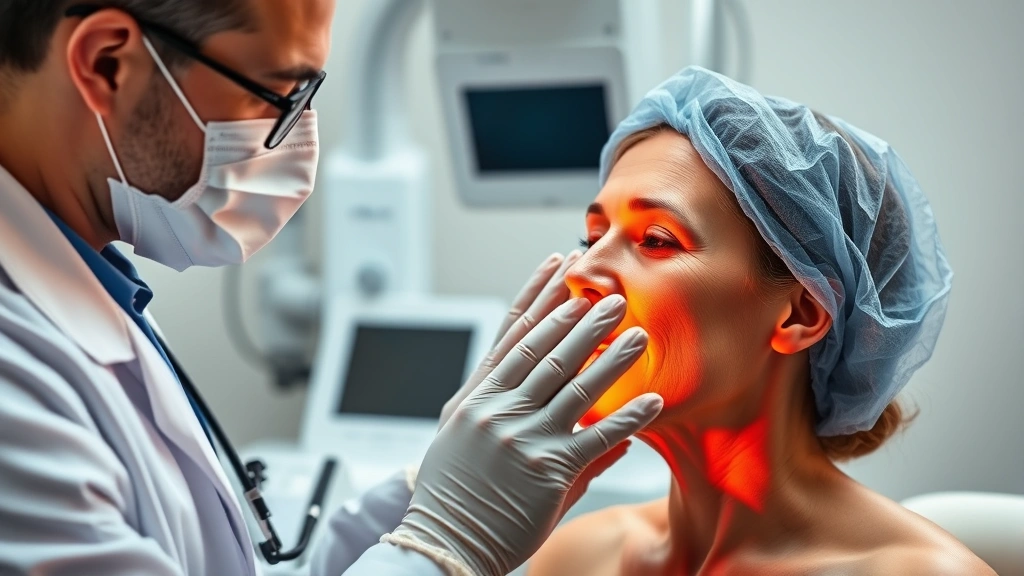 Photorealistic medical imaging showing dermatologist examining patient skin with protective gloves during radiation therapy consultation, clinical setting with professional equipment, warm lighting emphasizing skin texture details