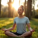 Person meditating in peaceful natural setting with morning sunlight filtering through trees, serene facial expression, sitting cross-legged on grass