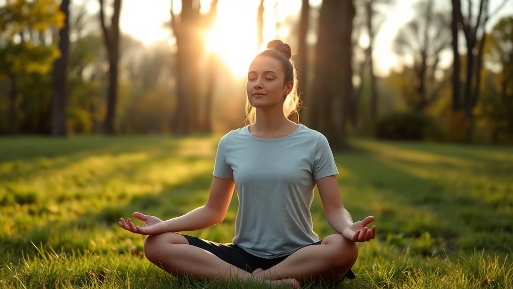 Person meditating in peaceful natural setting with morning sunlight filtering through trees, serene facial expression, sitting cross-legged on grass