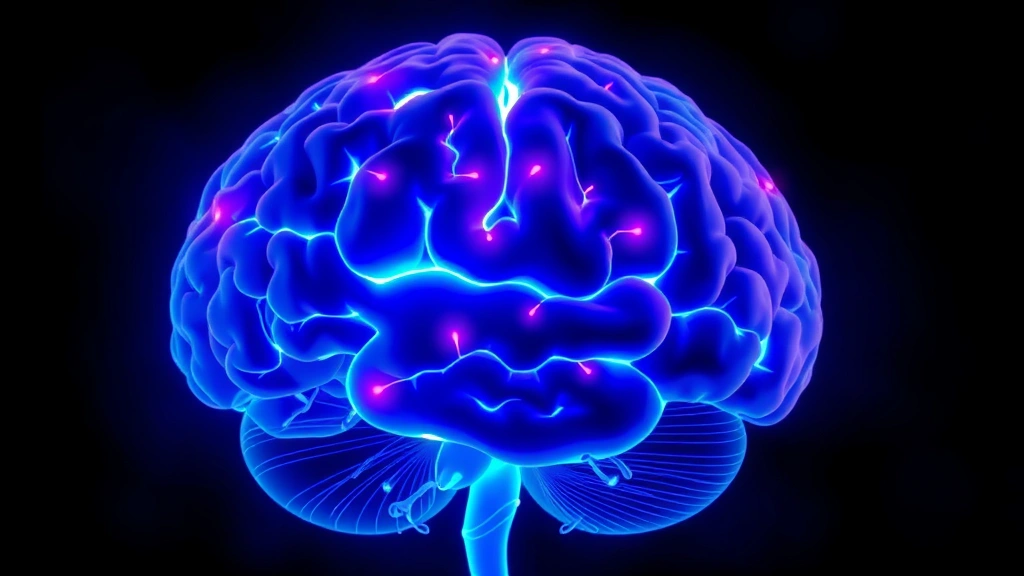 Brain scan visualization showing neural pathways lighting up in blue and purple tones, representing mindfulness meditation activity in prefrontal cortex