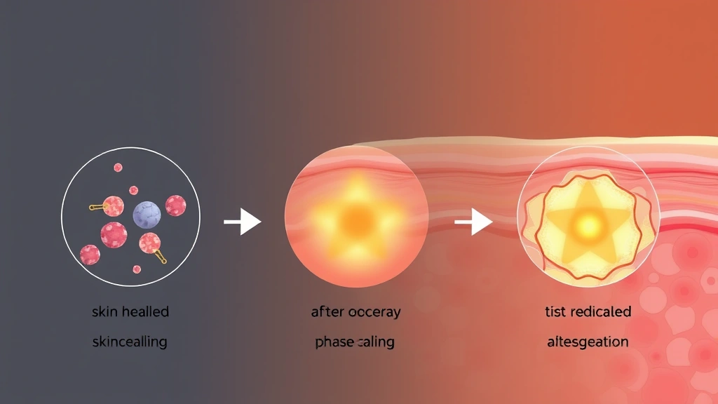 Professional medical illustration of skin healing progression phases after radiation therapy, showing cellular recovery and tissue regeneration, scientific aesthetic with warm tones indicating healing process