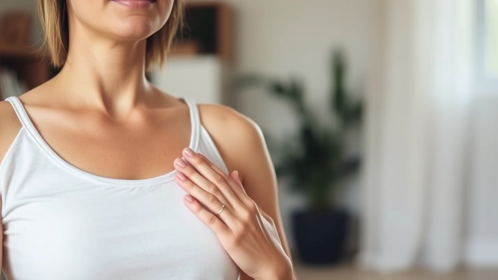 Woman practicing mindful breathing with hand on chest, calm indoor environment with soft natural light, peaceful expression of concentration and awareness