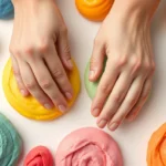 Colorful therapy dough in various resistance levels arranged on a neutral background, hands manipulating the putty in pinching motions, professional clinical setting aesthetic, close-up detail of finger and hand positioning