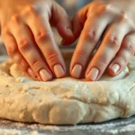 Close-up of hands manipulating soft, textured therapy dough with visible finger impressions and molding, warm lighting, professional therapeutic setting background, high-resolution detail showing tactile interaction