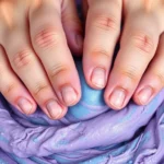 Close-up of hands manipulating colorful stress relief dough with various textures, showing finger positions during pinching motion, calming blue and purple hues, photorealistic hand therapy