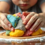 Close-up professional photograph of hands manipulating colorful therapy dough with visible tension relief, warm lighting, focused expression showing stress reduction