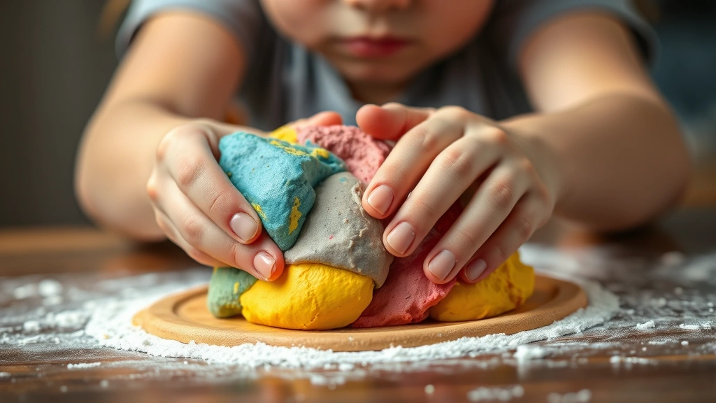 Close-up professional photograph of hands manipulating colorful therapy dough with visible tension relief, warm lighting, focused expression showing stress reduction