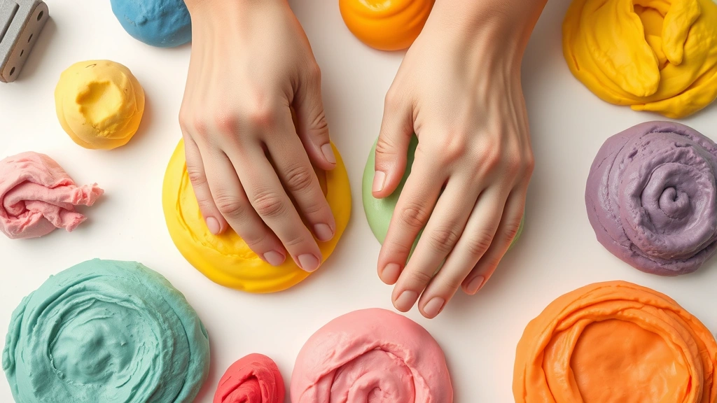 Colorful therapy dough in various resistance levels arranged on a neutral background, hands manipulating the putty in pinching motions, professional clinical setting aesthetic, close-up detail of finger and hand positioning
