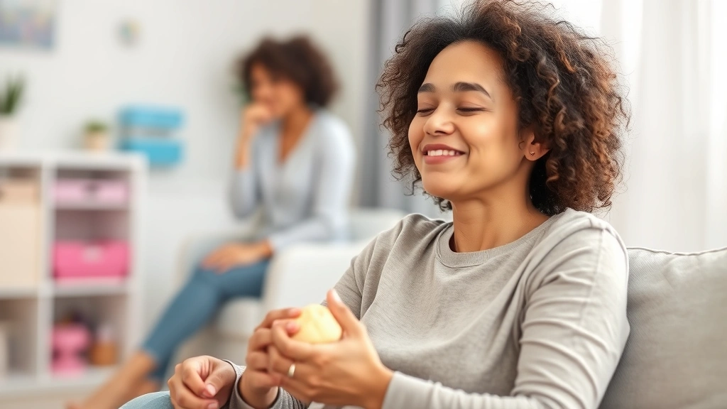 Person in therapy session using therapy dough while seated comfortably, relaxed facial expression, occupational therapist visible in soft focus background, clinical office environment with calming colors