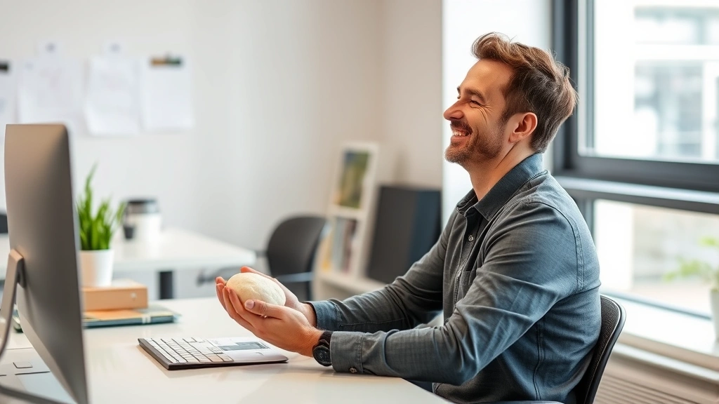 Person at modern desk holding therapy dough near workspace, relaxed expression, natural lighting through window, professional environment showing stress management in workplace setting