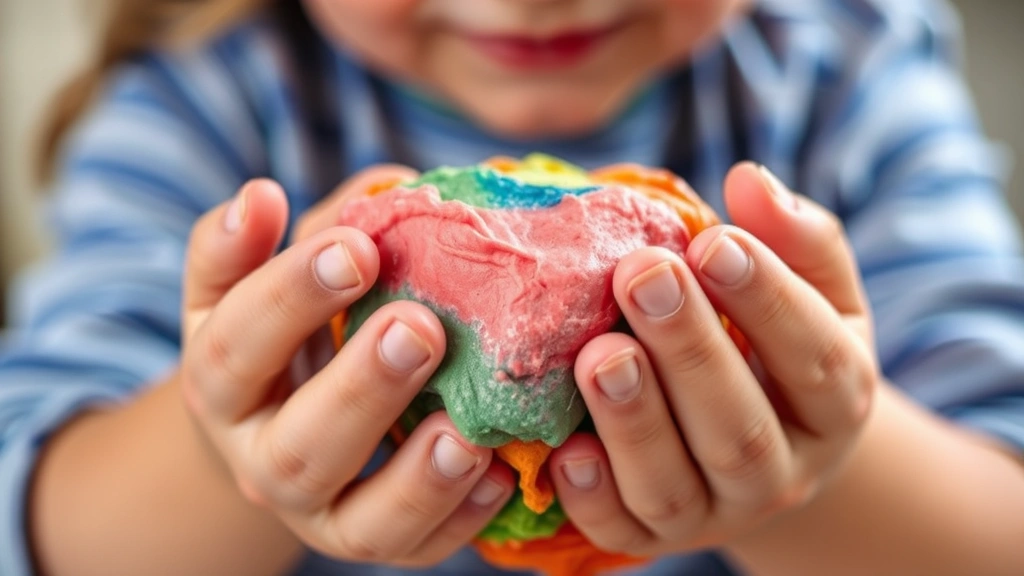 Close-up of hands manipulating colorful therapy dough with focused expression, demonstrating tactile sensory engagement and stress relief technique in natural lighting