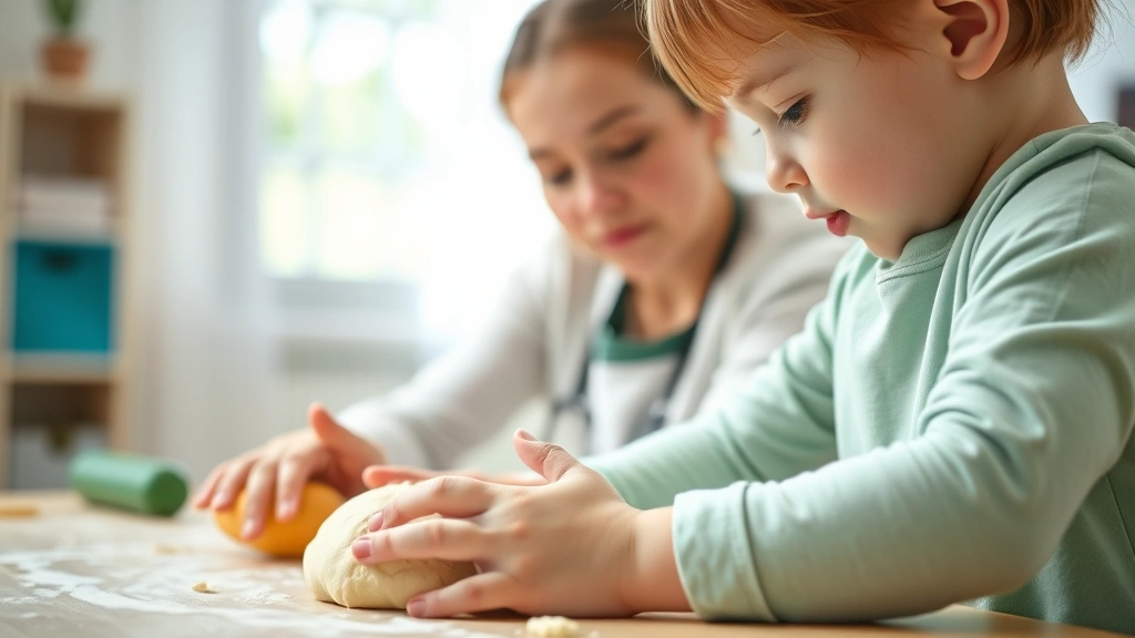 Child's hands engaged with therapy dough during occupational therapy session, bright natural lighting, therapist supervising in soft focus background, emphasizing fine motor skill development and concentration