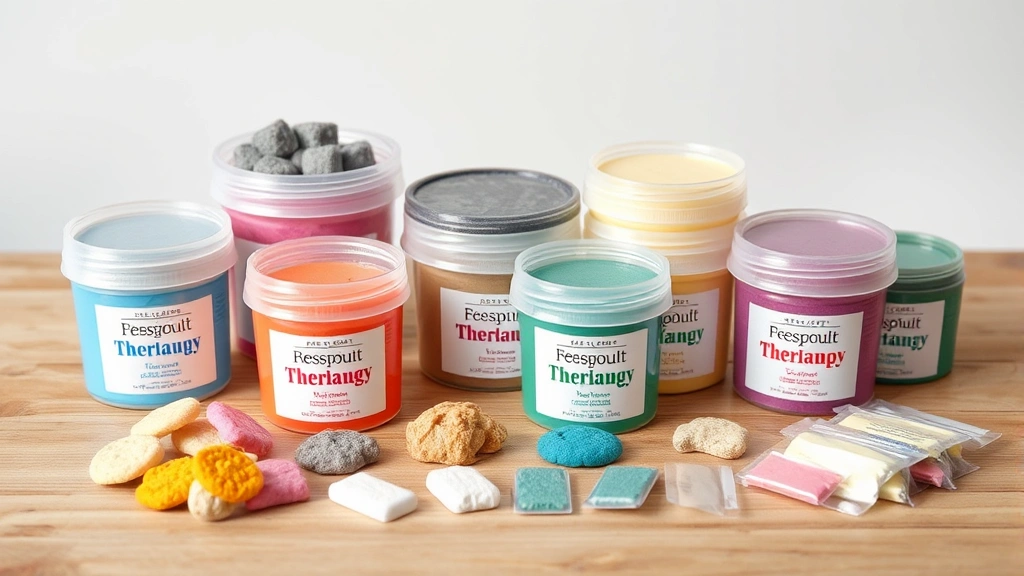Variety of colored therapy dough containers and samples displayed on wooden surface, different resistance levels visible through translucent packaging, professional product photography with neutral background