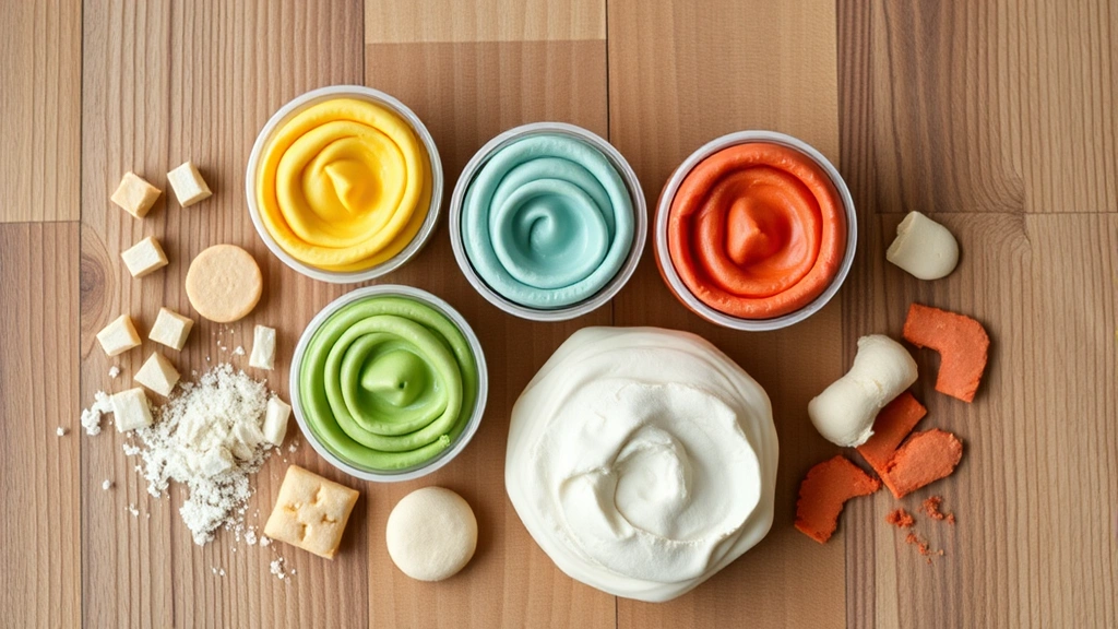 Flat lay arrangement of different colored therapy dough containers and loose dough samples on wooden surface, various densities visible, wellness and self-care aesthetic, minimalist composition