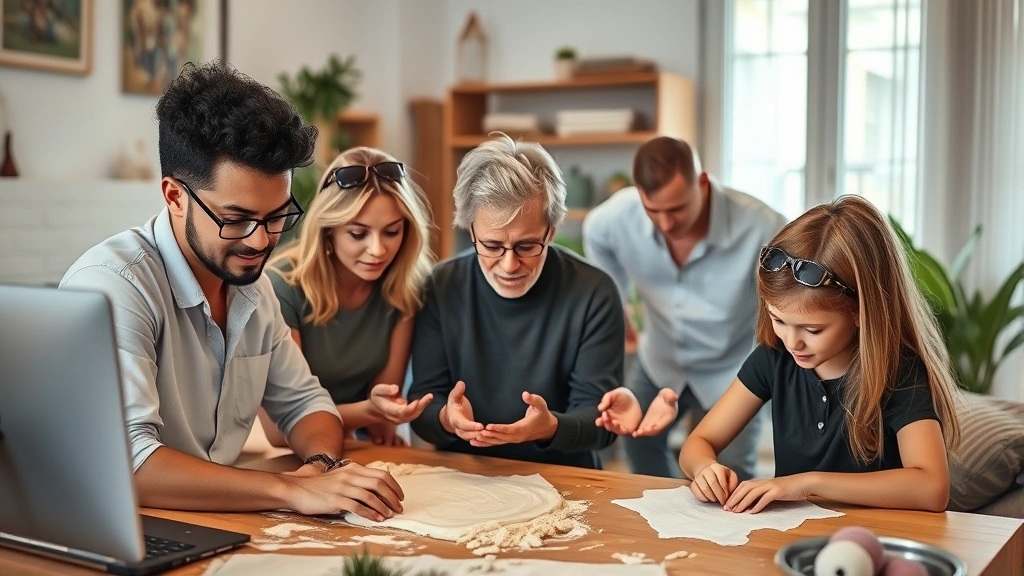 Diverse group of people of different ages using therapy dough in various settings: office desk, home relaxation space, and therapeutic environment with calming ambiance