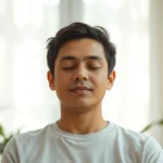 Person in serene meditation posture with soft ambient light, peaceful expression, natural indoor setting with plants, photorealistic wellness imagery