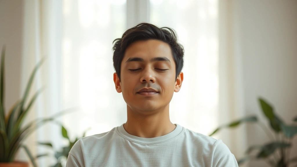 Person in serene meditation posture with soft ambient light, peaceful expression, natural indoor setting with plants, photorealistic wellness imagery