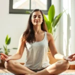 Person meditating peacefully in natural sunlight with serene facial expression, eyes closed, sitting cross-legged in minimalist indoor space with green plants, showing calm mental state and mindfulness practice