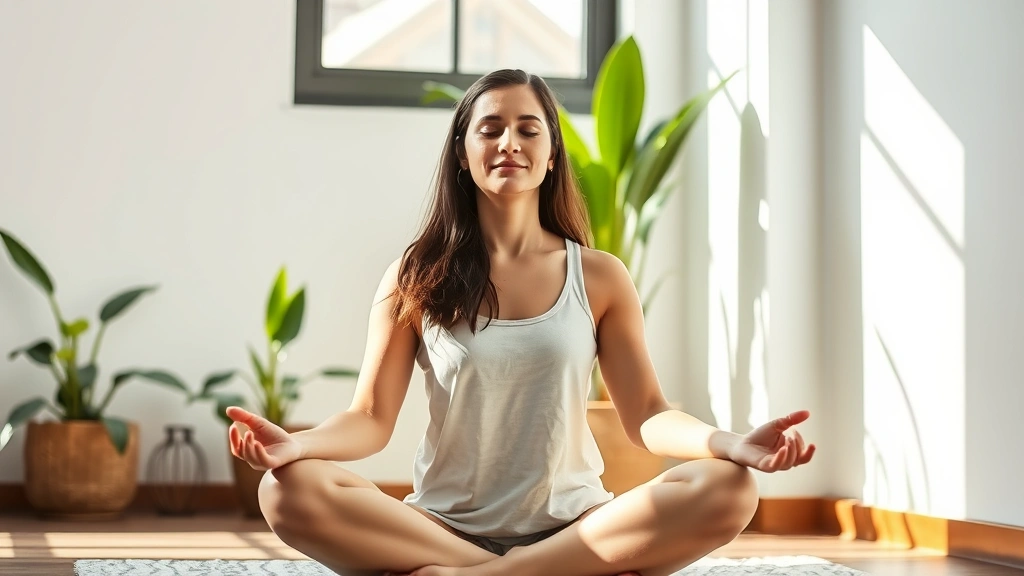 Person meditating peacefully in natural sunlight with serene facial expression, eyes closed, sitting cross-legged in minimalist indoor space with green plants, showing calm mental state and mindfulness practice