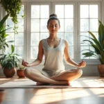 Person meditating peacefully in lotus position with soft natural light streaming through windows, serene indoor garden setting with plants and natural materials