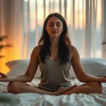 A serene person in meditation pose on a comfortable bed at dusk with soft warm lighting, eyes gently closed, surrounded by calming elements like plants and diffused light filtering through sheer curtains, photorealistic high-resolution