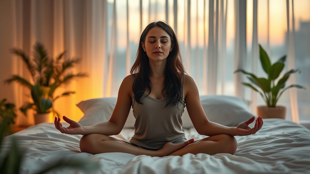 A serene person in meditation pose on a comfortable bed at dusk with soft warm lighting, eyes gently closed, surrounded by calming elements like plants and diffused light filtering through sheer curtains, photorealistic high-resolution