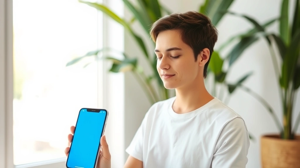 Person meditating peacefully on smartphone showing calming blue interface, serene expression, natural lighting, modern minimalist setting with plants