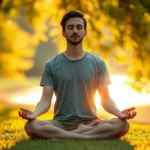 Person meditating in serene natural setting with soft golden sunlight filtering through trees, peaceful expression, sitting cross-legged on grass near water, photorealistic calm atmosphere
