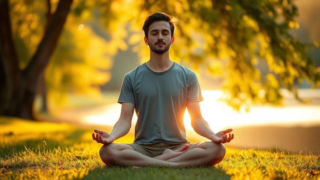 Person meditating in serene natural setting with soft golden sunlight filtering through trees, peaceful expression, sitting cross-legged on grass near water, photorealistic calm atmosphere