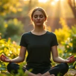 Person sitting in peaceful meditation pose in serene garden surrounded by green plants and soft natural sunlight streaming through trees, eyes gently closed, relaxed facial expression, warm golden hour lighting, photorealistic, no text visible