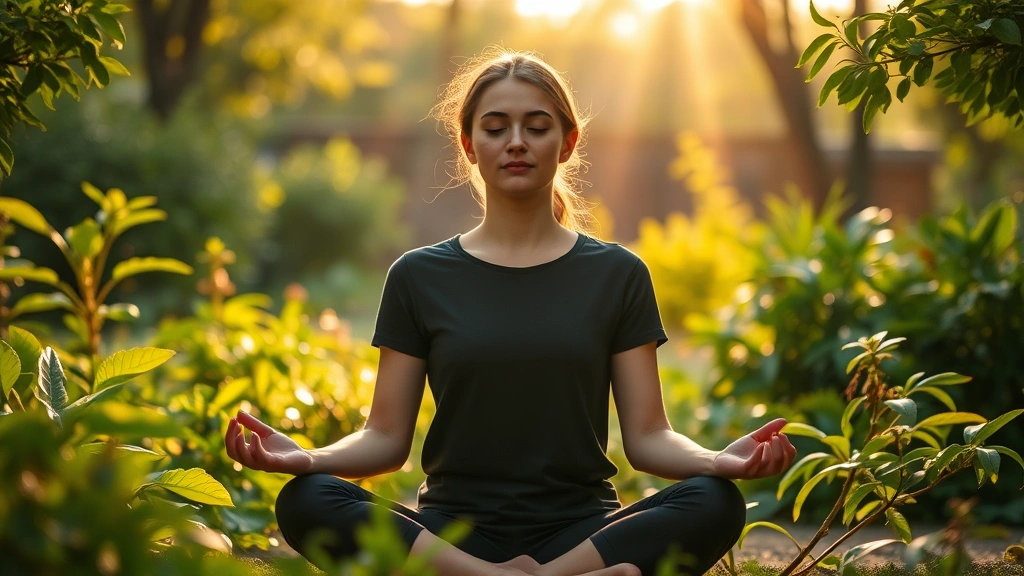 Person sitting in peaceful meditation pose in serene garden surrounded by green plants and soft natural sunlight streaming through trees, eyes gently closed, relaxed facial expression, warm golden hour lighting, photorealistic, no text visible