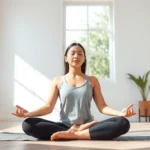 Person sitting in peaceful meditation pose in bright, modern minimalist room with natural sunlight streaming through large windows, serene facial expression, calm atmosphere
