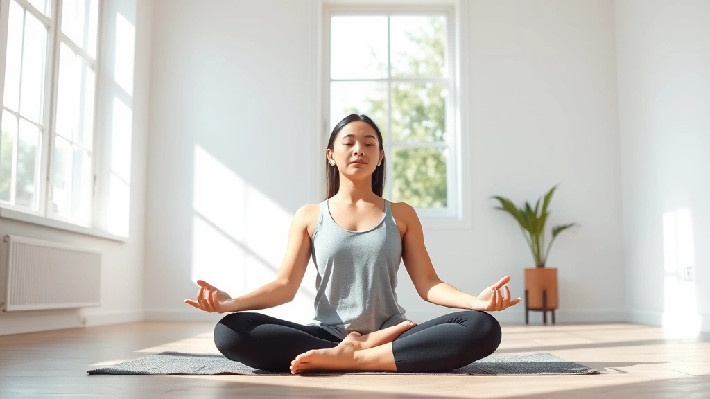 Person sitting in peaceful meditation pose in bright, modern minimalist room with natural sunlight streaming through large windows, serene facial expression, calm atmosphere
