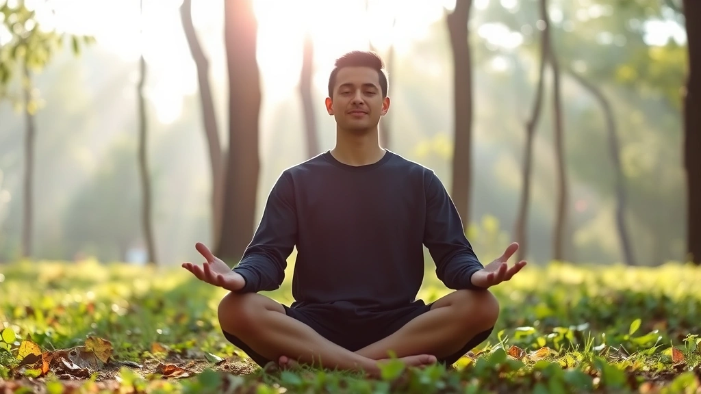 Person in peaceful meditation pose sitting cross-legged in serene nature environment, morning sunlight filtering through trees, calm expression, natural outdoor setting with soft green foliage