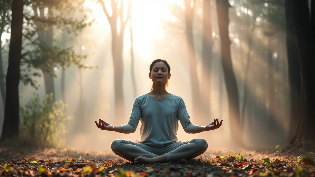 Person meditating in lotus position in serene natural setting with soft morning light filtering through trees, peaceful expression, surrounded by misty forest atmosphere, photorealistic wellness imagery
