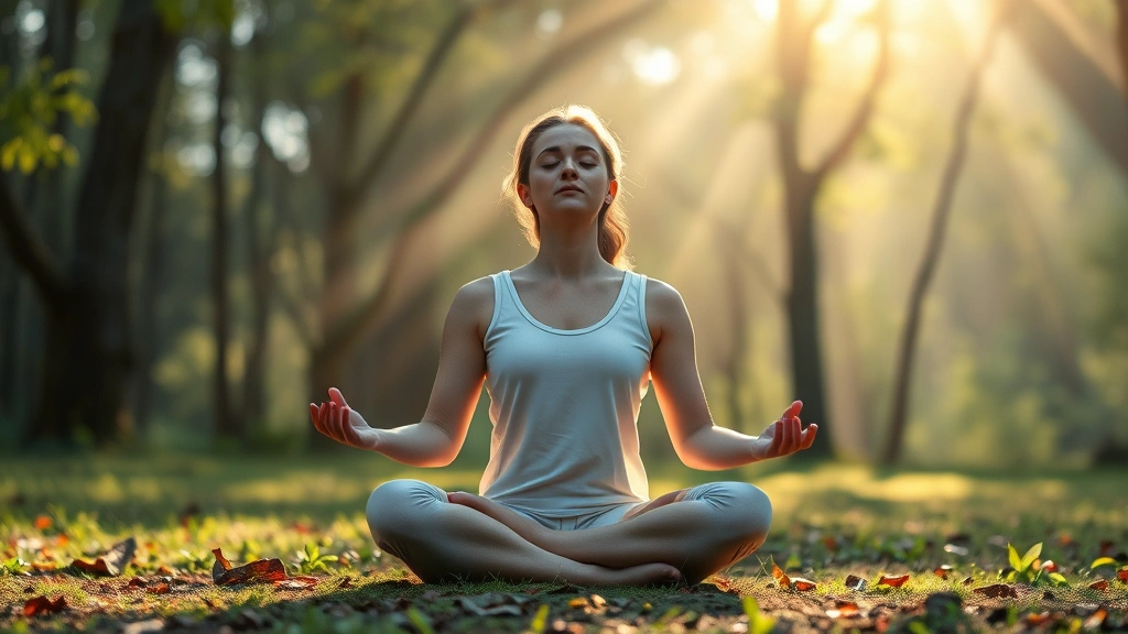 Serene person meditating in lotus position in a peaceful natural environment with soft sunlight filtering through trees, eyes closed in deep concentration, surrounded by calm nature, photorealistic