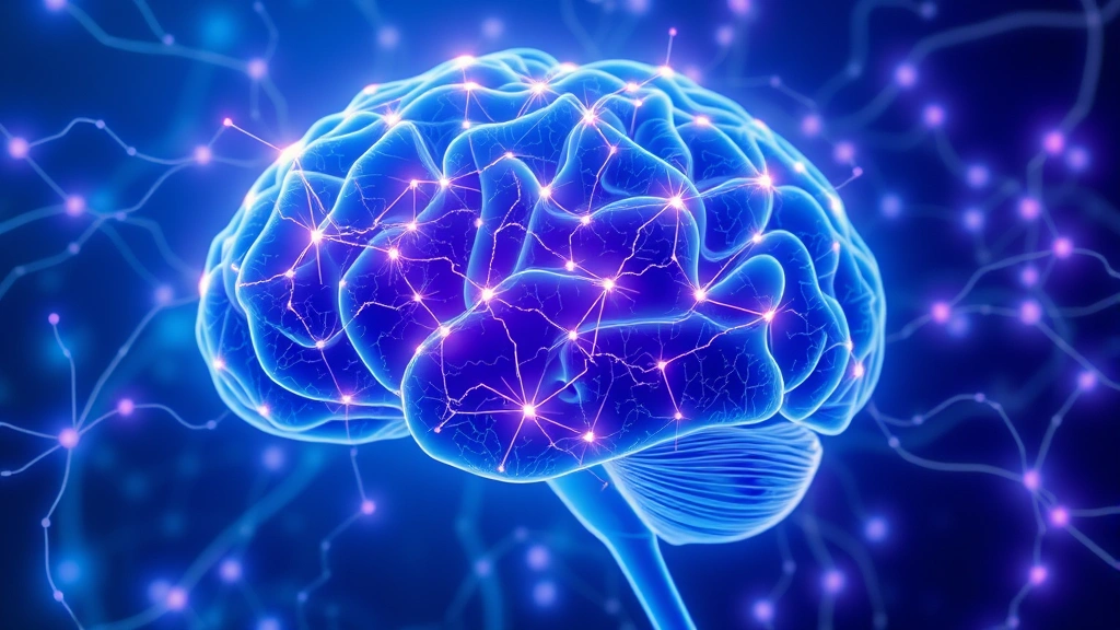 Brain neural network visualization with glowing connections and synapses, abstract neuroscience illustration showing mind-body connection, ethereal blue and purple tones