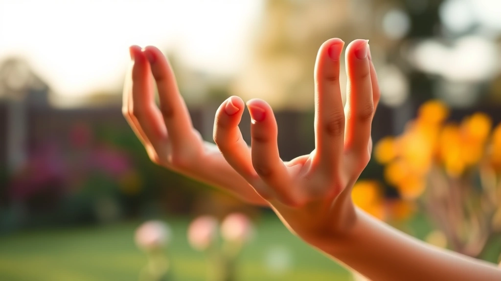Close-up of hands in meditation mudra position with soft blurred garden background, warm golden hour lighting emphasizing calm peaceful atmosphere