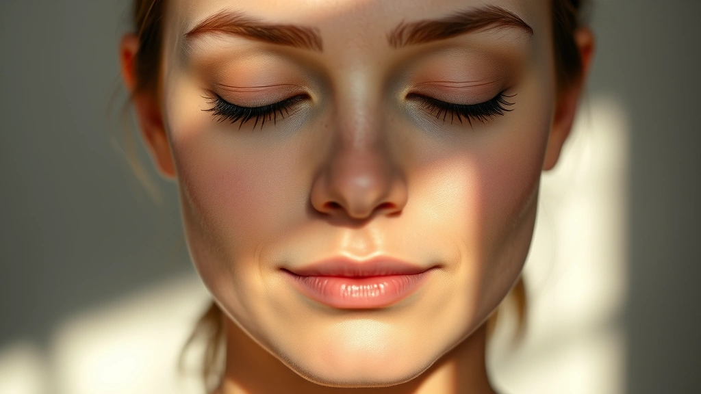 Close-up of a person's peaceful face during meditation with soft natural light, showing relaxed facial features and calm expression, minimal background with neutral tones, photorealistic and tranquil