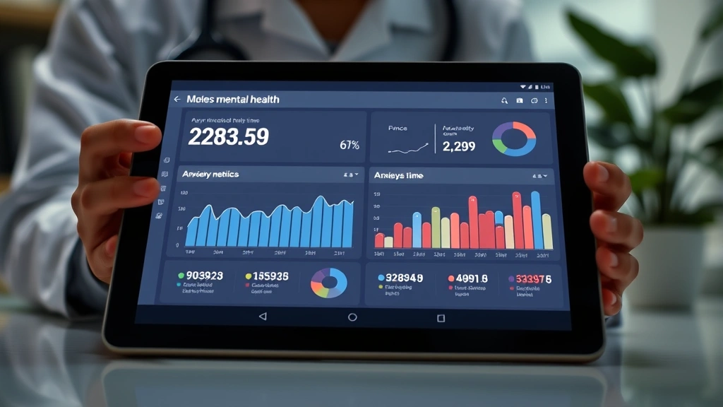 Digital mental health data visualization on tablet displaying wellness metrics, graphs showing anxiety reduction over time, professional healthcare environment